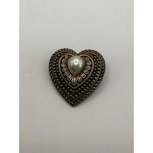 Vintage Heart Brooch Faux Pearl Center Antique Gold Tone Romantic Pin